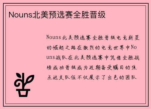 Nouns北美预选赛全胜晋级